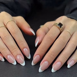 Short Almond Nude French Tip Nails – 12 pcs Press-On Glossy Acrylic Full Cover